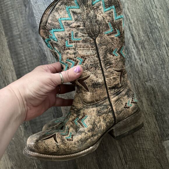 Corral Boots Vintage Aztec Bronze Turquoise Western Cowboy Boots E1052 Girls 3.5 - Picture 2 of 9